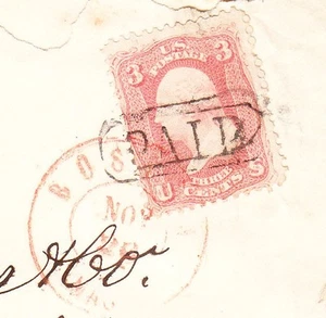 3c Washington c1865 Charles Henshaw Boston Paid Red cds Cover 2v - Picture 1 of 3