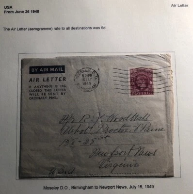 1949 Mosley England Stationery Air Letter Cover To Newport New VA USA - Image 1 of 4