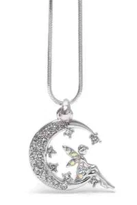 NEW CRYSTAL TINKER BELL FAIRY & MOON PENDANT NECKLACE WHITE GOLD - Picture 1 of 1