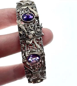Vintage Art Deco Amethyst Push Clasp Sterling Silver Bracelet - Picture 1 of 4
