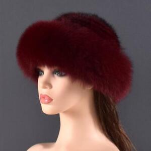Womens Elegant Real Mink Fur Hat Knitted Beanie Cap Earmuff W Real Fox Fur Brim 