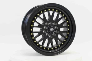 15x7 +20 MST MT10 5x100,5x114.3 Matte Black w/Gold Rivets Wheels (Set of 4) - Picture 1 of 3