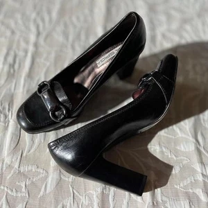 Vintage 90s Via Spiga Black Leather Horse Bit Loafer Heels Old Money Preppy Sz 7 - Picture 1 of 7
