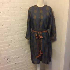 Vestido Ritu Kumar Hombro Frío Corbata Cintura Cambray Estampado Bloque Talla 36 Indio Boho - Imagen 1 de 9