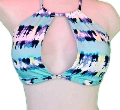 Traje de baño Sperry tie dye rayas bikini top mujer L azul aguamarina cuello alto borla Foto 1 de 4