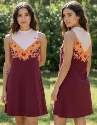 Vestido para mujer juniors Mudd línea A cuello falso floral canesú sin mangas fluido granate M Foto 1 de 4