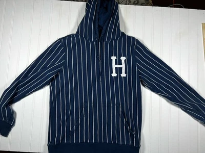 HUF Hombres M Azul Marino Blanco Rayas Sudadera con Capucha Pullover Sudadera Universitaria H Logo Foto 1 de 4