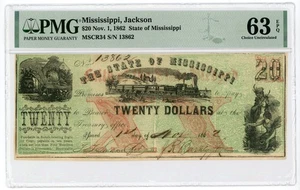 1862 Cr.34 $20 The State of MISSISSIPPI Note - CIVIL WAR Era w/ TRAIN PMG 63 EPQ - Picture 1 of 2