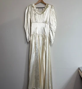 Vintage Wedding Gown Woman S Satin Dress Modest Prairie Handmade High Low READ - Picture 1 of 16