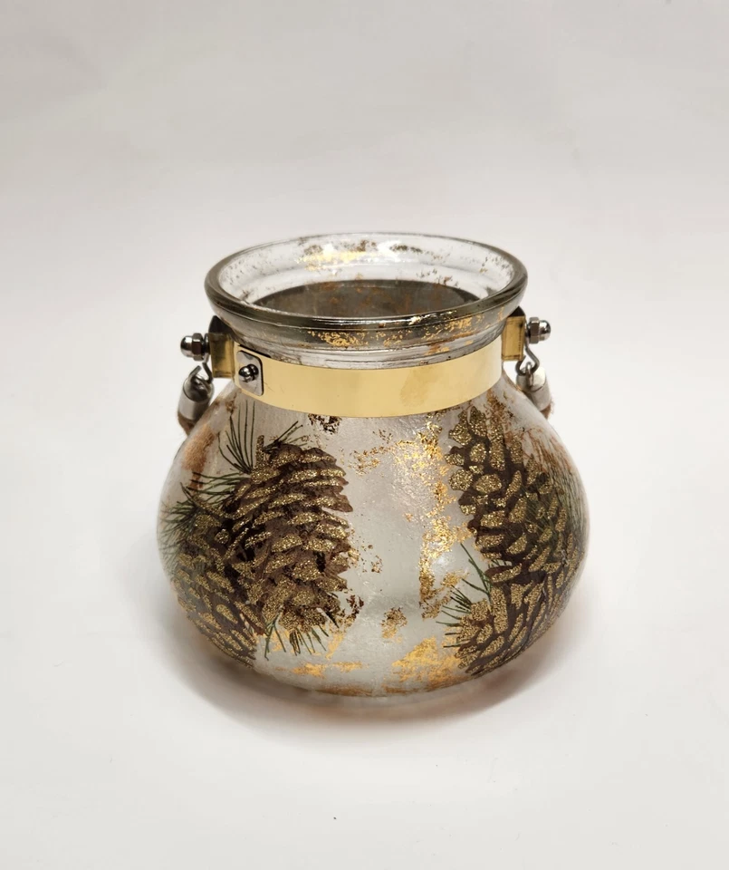 Castiçal/lanterna votiva pendurada em vidro ouro acento pinhas corda de Natal - Imagem 1 de 4