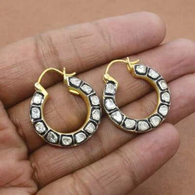 Natural Polki Diamond Hoop Earrings, 925 Silver Earrings, Polki Hoops - Image 1 of 2