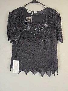 VTG Denise Elle Black Beaded Sequined Top Silk SZ M - Picture 1 of 6