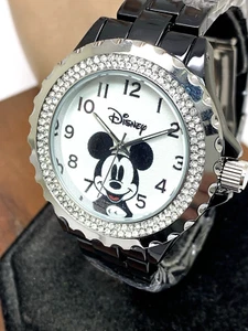 Disney Mickey Mouse Women's Watch W000501 Black Quartz White Dial Crystals Bezel - Picture 1 of 14