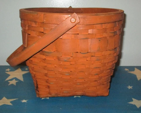 LARGE Vintage Handwoven SPLINT Gathering Basket Wood Handle w FALL PUMPKIN PAINT Cover