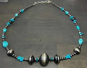 Handmade Navajo Pearls by Michelle Jameson Turquoise & Sterling Silver Necklace - Picture 1 of 8