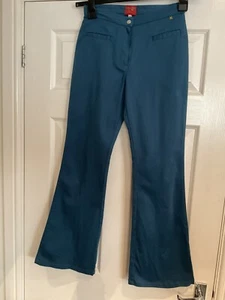 Kenzo Jungle Trousers Size 8-10 Teal Boot Cut 98% Cotton Designer Button Logo - Picture 1 of 8