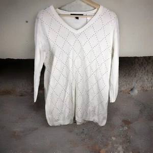 Tommy Hilfiger M NWT Studded Argyle V Neck Top Winter White Light Sweater 🧡🧡 - Picture 1 of 10