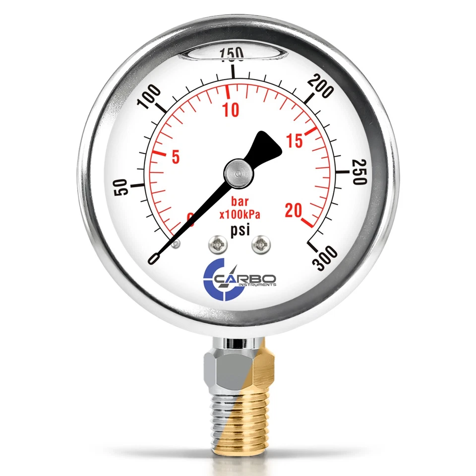 2.5" LIQUID FILLED PRESSURE GAUGE 0-300 PSI, STAINLESS STEEL CASE LOWER MOUNT - Image 1 of 4