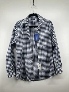 Nautica Dark Blue Plaid Stretch Button Up Dress Shirt Mens 15 32/33 M Adj Collar - Picture 1 of 8