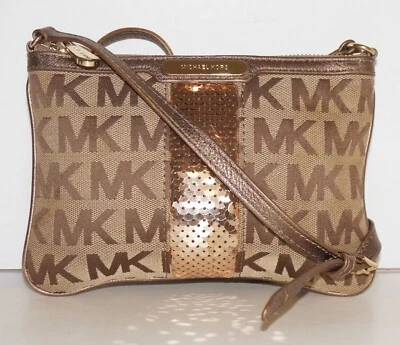 Bandolera MICHAEL KORS Pequeña Bronceada-Beige Jacquard y Cuero Dorado-Bronce Mini Delgada Foto 1 de 4