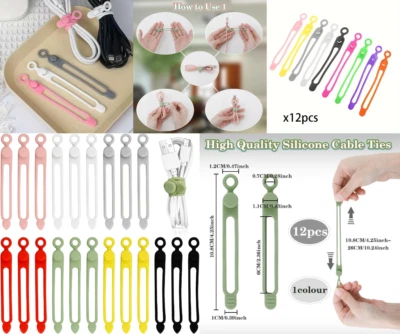 12 Pcs Reusable Phone  Cable Wire Ties Elastic Silicone Cord Organizer Straps - Image 1 of 4