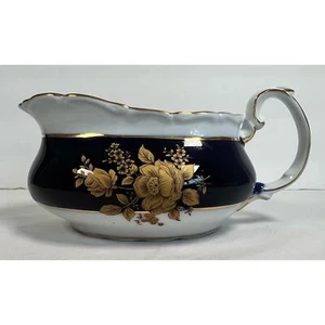 Casati Fine Porcelain Gravy Boat Navy Blue and Gold Flower - Picture 1 of 7