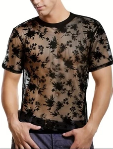 Men's Black Summer Floral Mesh Tank Top - Large/ UK 40 - Gay Interest - Picture 1 of 8