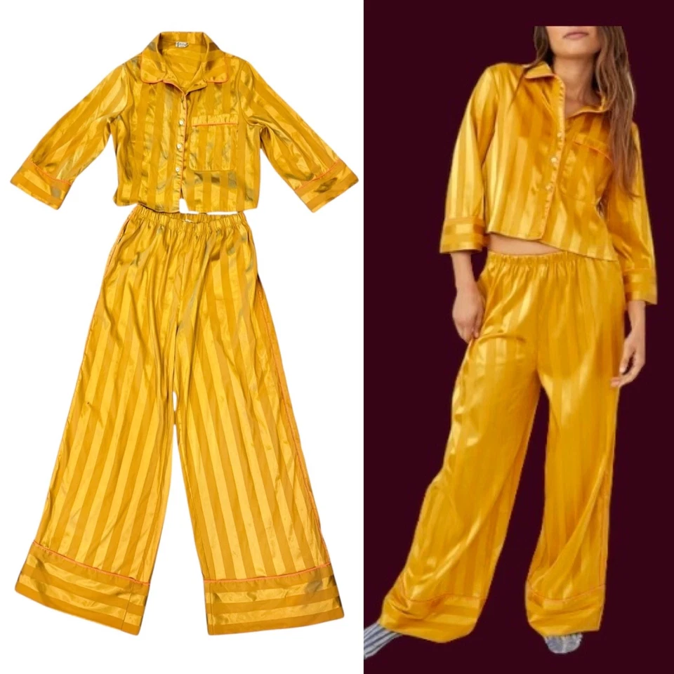 JUEGO DE PIJAMA FREE PEOPLE ÍNTIMAMENTE SATINADO XS Pijama Robin Lounge a Rayas Amarillas Foto 1 de 4