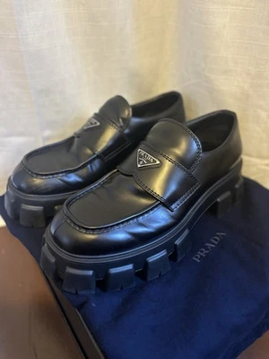 PRADA MENS LEATHER LOAFERS, BLACK , SIZE 11.5 Re Nylon Chunky w/ Dust bags - Image 1 of 4