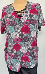Easy Stretch XL Scrub Top Wine Pewter Tie Dye Geometric Pockets Stretch - Picture 1 of 3
