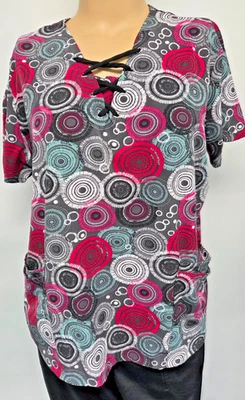 Easy Stretch XL Scrub Top Wine Pewter Tie Dye Geometric Pockets Stretch - Image 1 of 3