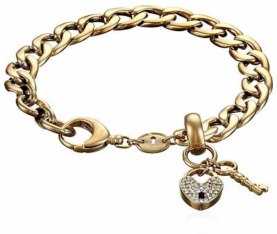 NUEVO BRAZALETE CON DIJES CERRADURA CORAZÓN LLAVE PAVÉ CRISTAL S/ACERO TONO ORO FÓSIL Foto 1 de 4