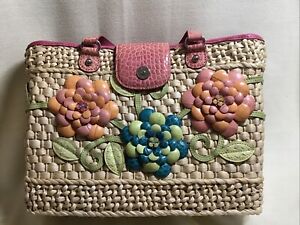 Brighton Shelby Leather Flowers On Straw Rattan Bag Purse With Coin Purse