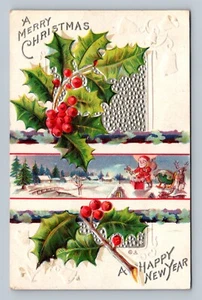 A Merry Christmas A Happy New Year Embossed Postcard Santa on roof - Picture 1 of 2