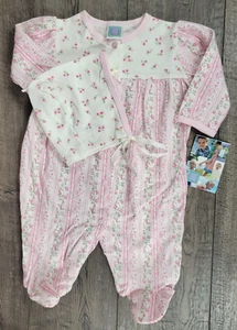 Baby Girl New Vintage Little Me 3 Month 2pc Pink Floral Footed Outfit & Bonnet - Picture 1 of 4