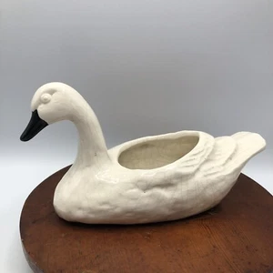 Vtg Ceramic Swan Planter Black White Crazing Large Centerpiece Vase 10" - Picture 1 of 8