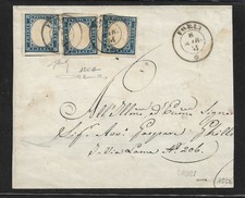 ASI, SARDEGNA 1861 IV EM C.20 COBALTO GRIGIASTRO X3 ESEMPLARI SU LETTERA. DASI37