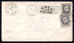 US 1887 BOSTON, MASS. FRANKED (1C X2) FRANKLIN WITH "HELD FOR POSTAGE MARKING" - Picture 1 of 2