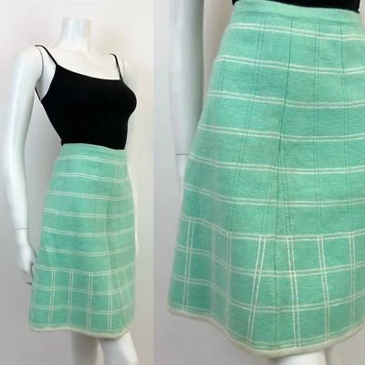VINTAGE 60s 70s MINT GREEN WHITE STRIPED CHECKED GEOMETRIC MOD WOOL SKIRT 8 10 - Image 1 of 4