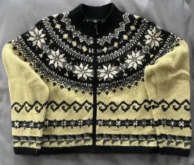 Suéter De Colección Diseño Islandés Lana de Cordero Nórdico Cremallera Completa Lt Chartreuse/Negro+ M Foto 1 de 4