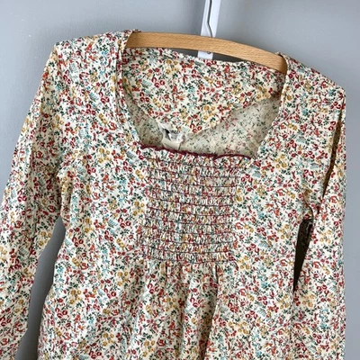 Vintage 70s Jeanette Maternity Top Womens 12 Floral Smocked Shirt Blouse Boho - Image 1 of 4