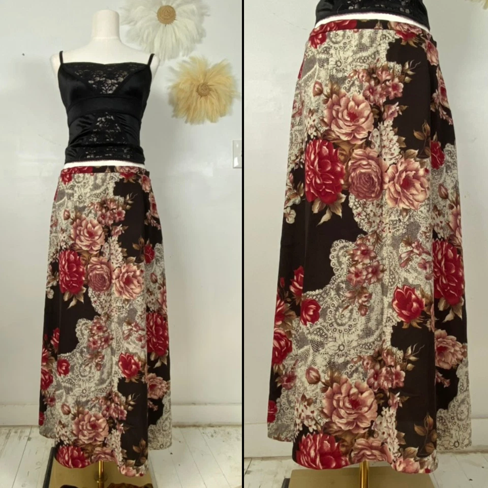 Saia Maxi Vintage Kathy Lee Feminina Y2K Whimsigoth Tamanho 16 Floral Fada Escura - Imagem 1 de 4