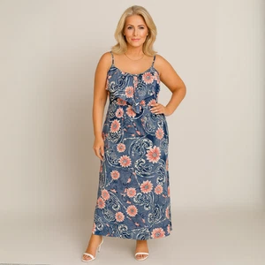 ROCKTHOSECURVES WOMENS Blue Pink Floral V Frilled Top Maxi Dress - Picture 1 of 8