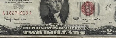 1963A $2 DOLLAR BILL-RARE-Cut off center  ~RED SEAL~SERIAL # A18274919A - Image 1 of 4