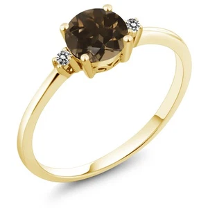 10K Yellow Gold  Smoky Quartz and White Diamonds Engagement Solitaire Ring For - Picture 1 of 2