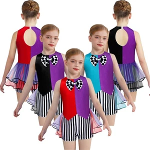 Kid Girls Bodysuit Latin Costume Checkerboard Dancewear Tutu Dress Party Dance - Picture 1 of 48