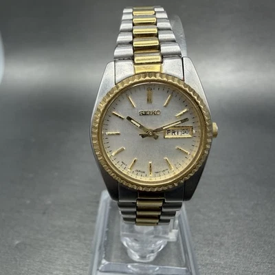 Seiko Watch Women 25mm White Dial Two Tone Daydate Round 7n83-0041 New Batt ZYX - Image 1 of 4