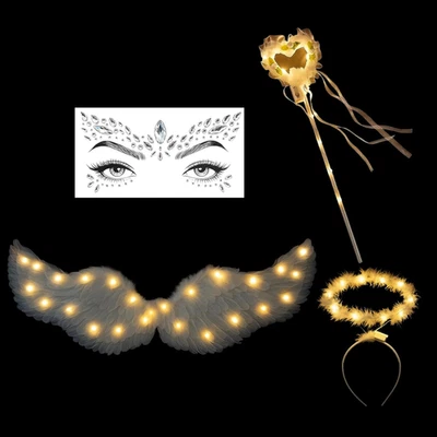 Engelsflügel Halloween Kostüm Damen 4-teilig mit Flügel Heiligenschein Zaubersta