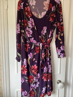 M&S Collection Purple Floral Wrap Dress Size 18 Long Sleeved Partial Lining VGC - Image 1 of 4