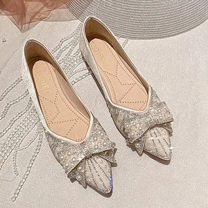 Womens Shiny Flat Bridal Pumps Ladies Bow Strap Ballerina Slip On Wedding Shoes - Picture 1 of 14